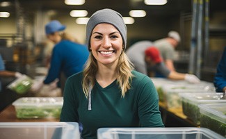 Woman smiling while working in kitchen