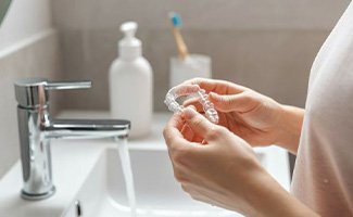 Woman standing at sink, preparing to clean her Invisalign aligner