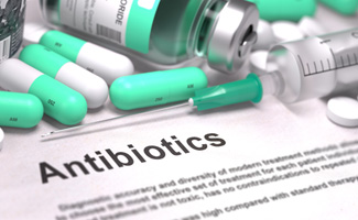 Document that says “antibiotics” surrounded by medication