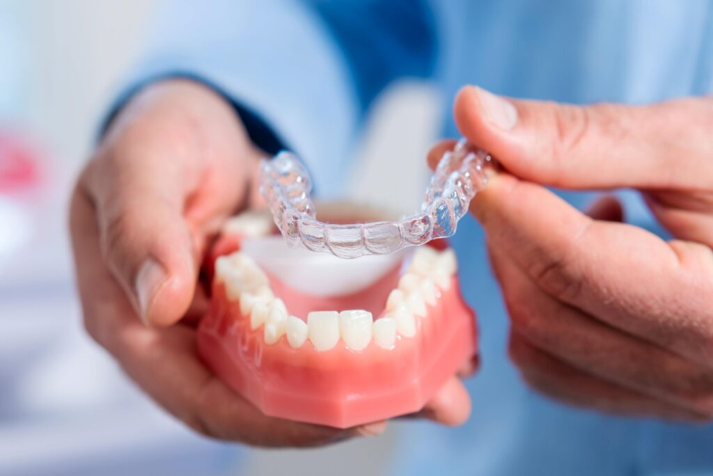 Dentist placing clear aligner on model of teeth